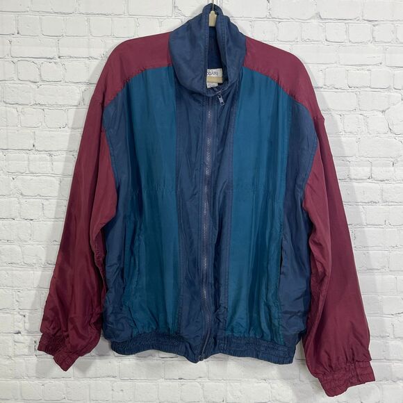 VTG Bogari Jacket Women XL Front Zip Colorblock Windbreaker 100% Silk Biker Y2K - Picture 1 of 14